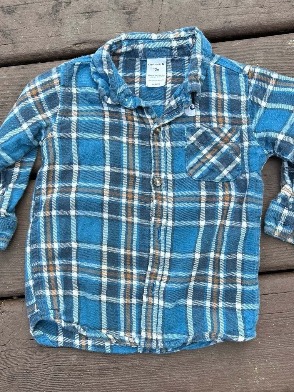 Carhartt Baby Boy's 12M Blue Plaid Cotton Flannel Long Sleeve Shirt